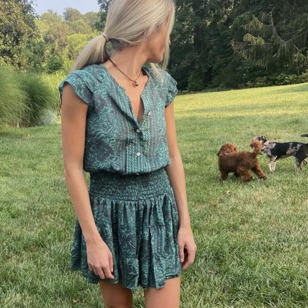 Perry Walker Collective Jenny Green Silk Blend Block Print Mini Dress 3 L 8/10